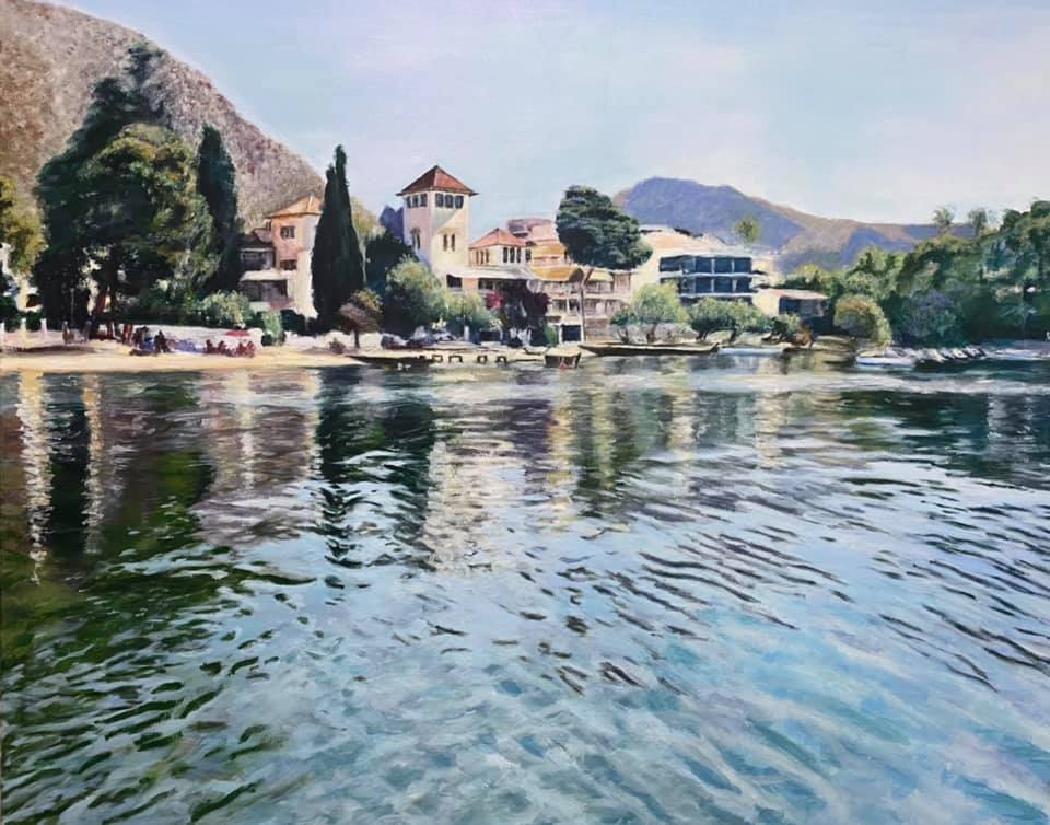 Scenic waterfront view of Puerto Pollensa with reflections on the water, painted by Angela Moffat, artist in Scotland, using acrylic on canvas.